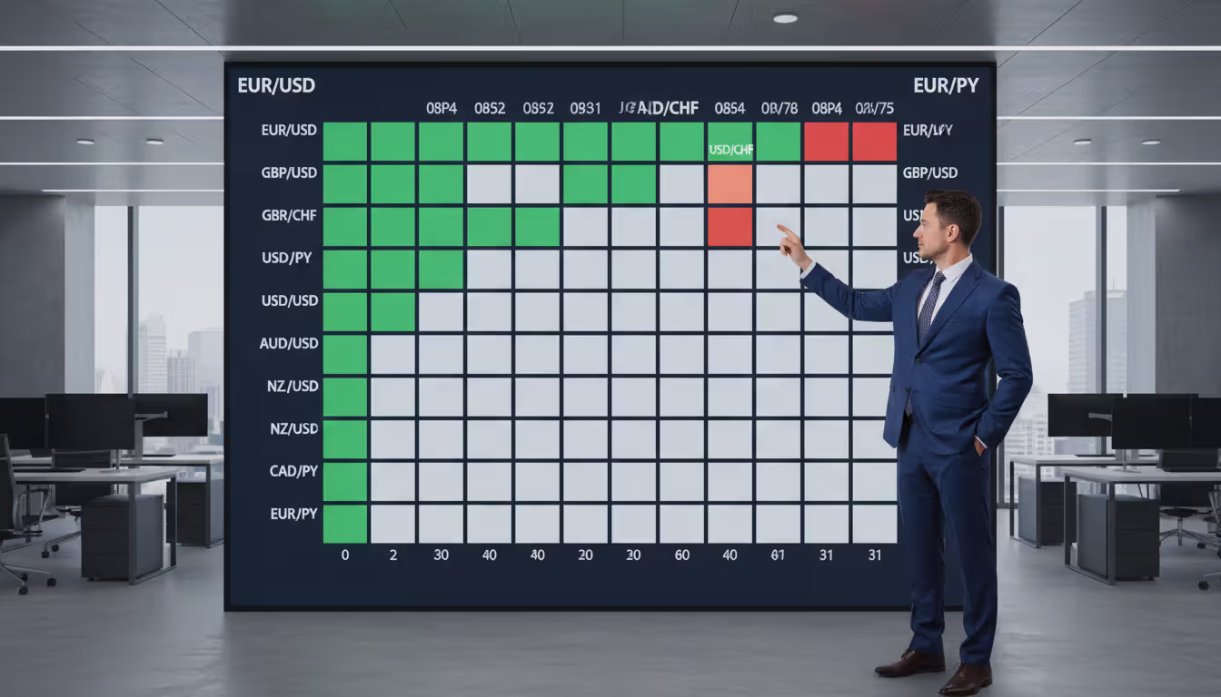 Trader examining a color-coded correlation matrix on a large digital screen showing relationships between multiple forex currency pairs for portfolio diversification analysis