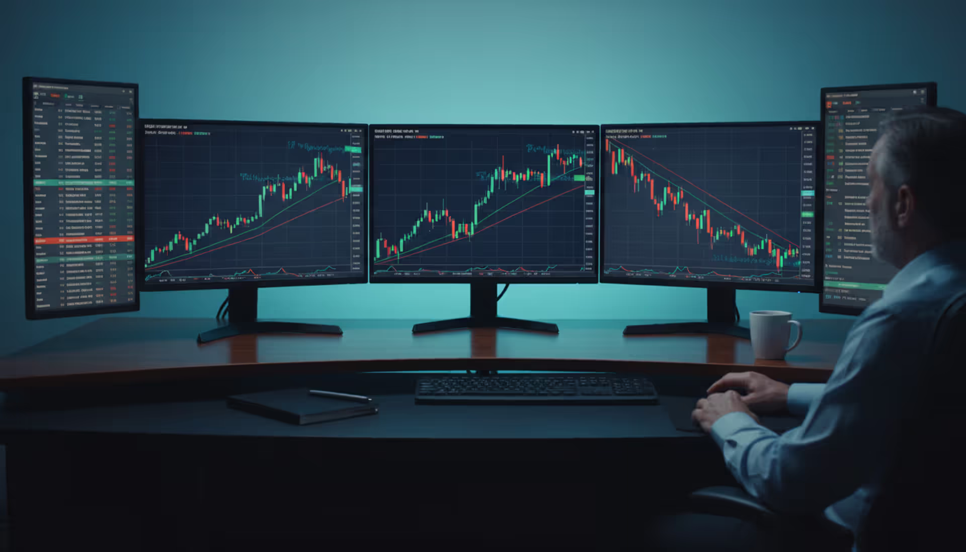 Professional forex trader analyzing multiple currency pair charts on monitors showing correlated and inversely correlated price movements in a modern trading workspace