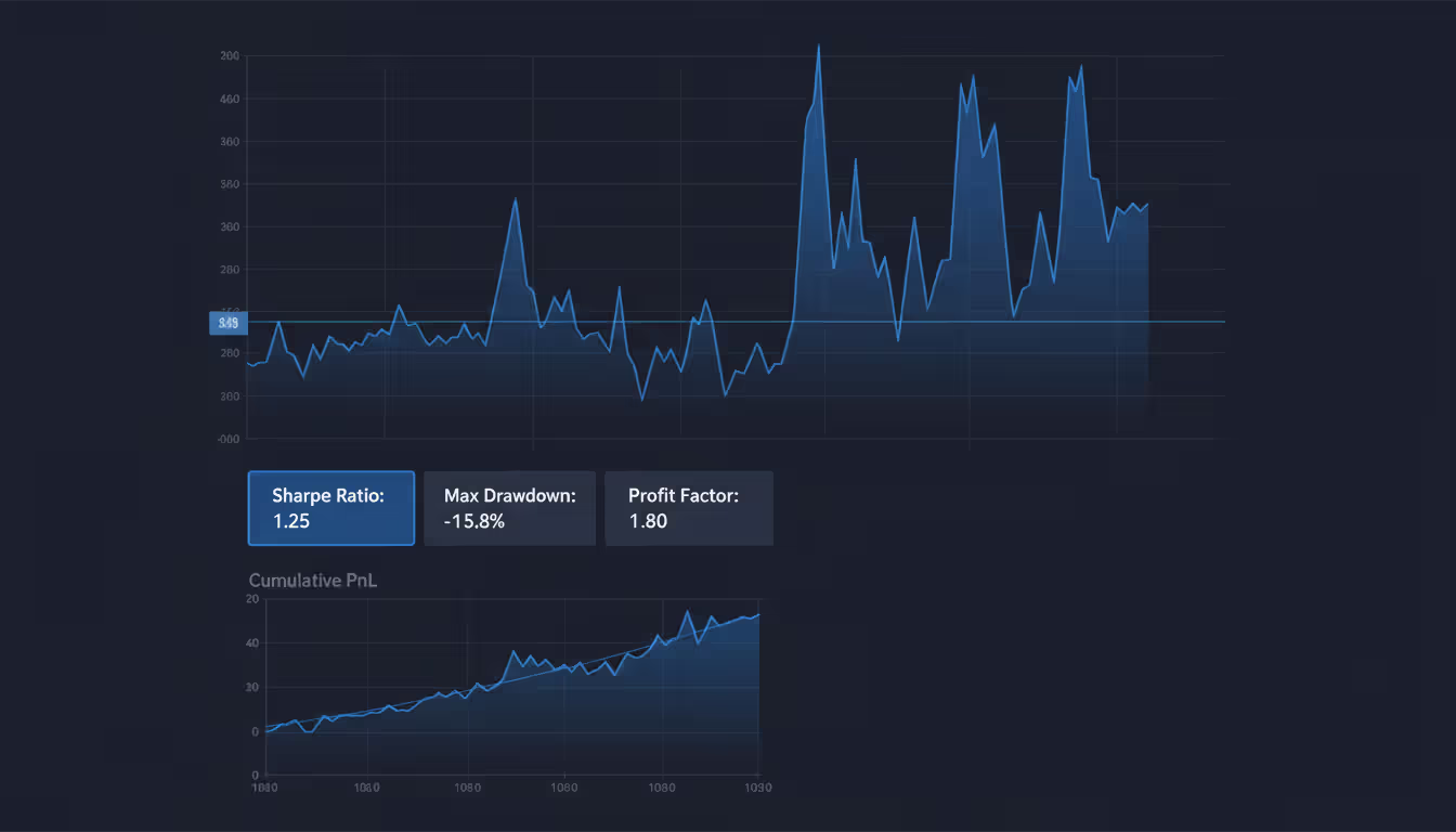 Trading platform backtesting results screen showing equity curve with drawdowns and performance metrics on a dark-themed dashboard
