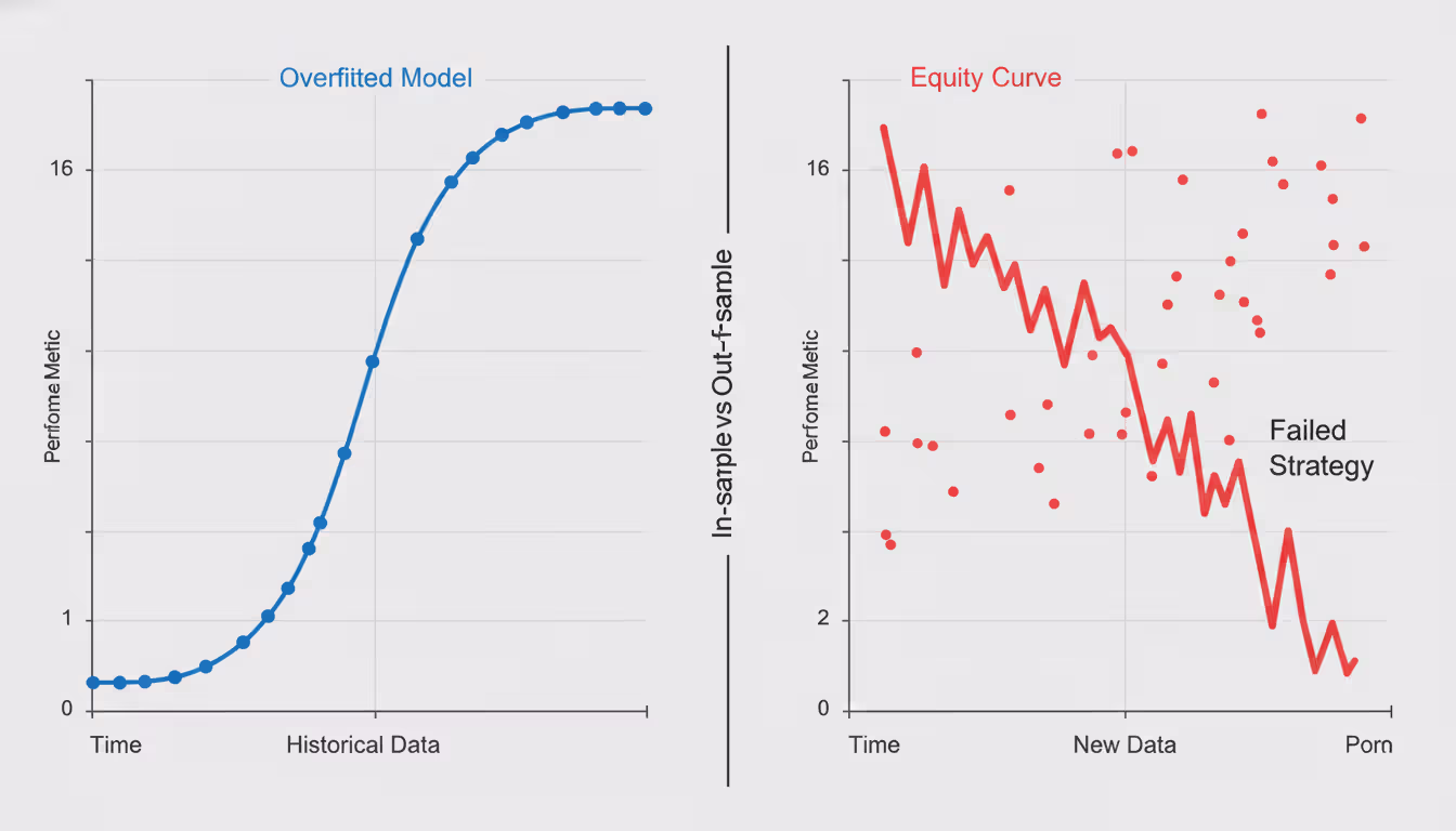Side-by-side comparison of overfitted strategy equity curve performing well on in-sample data versus failing on out-of-sample data with blue and red color scheme