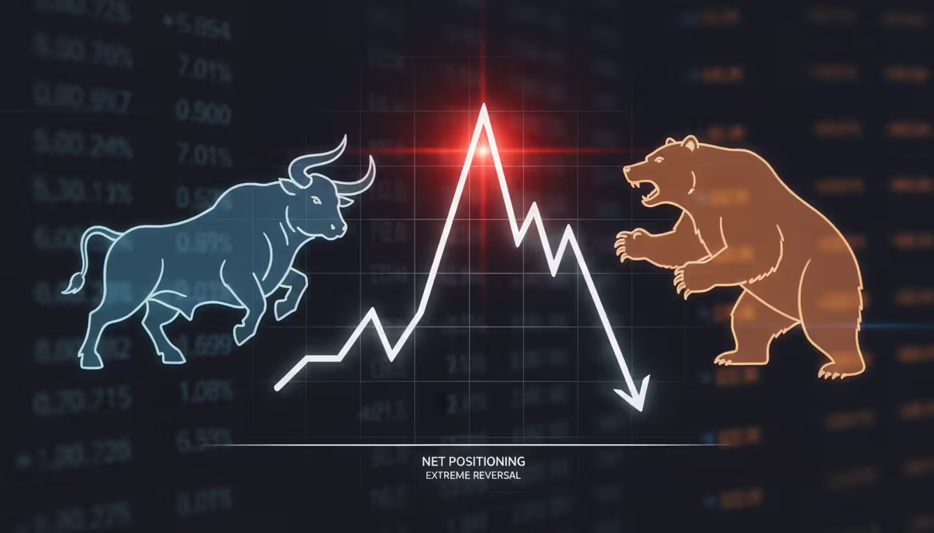 Dark trading terminal screen showing net positioning line chart reaching extreme high level highlighted in red with bull and bear silhouettes