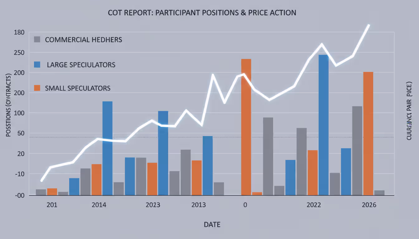 COT report bar chart visualization showing commercial hedgers large speculators and small speculators positioning alongside currency price line