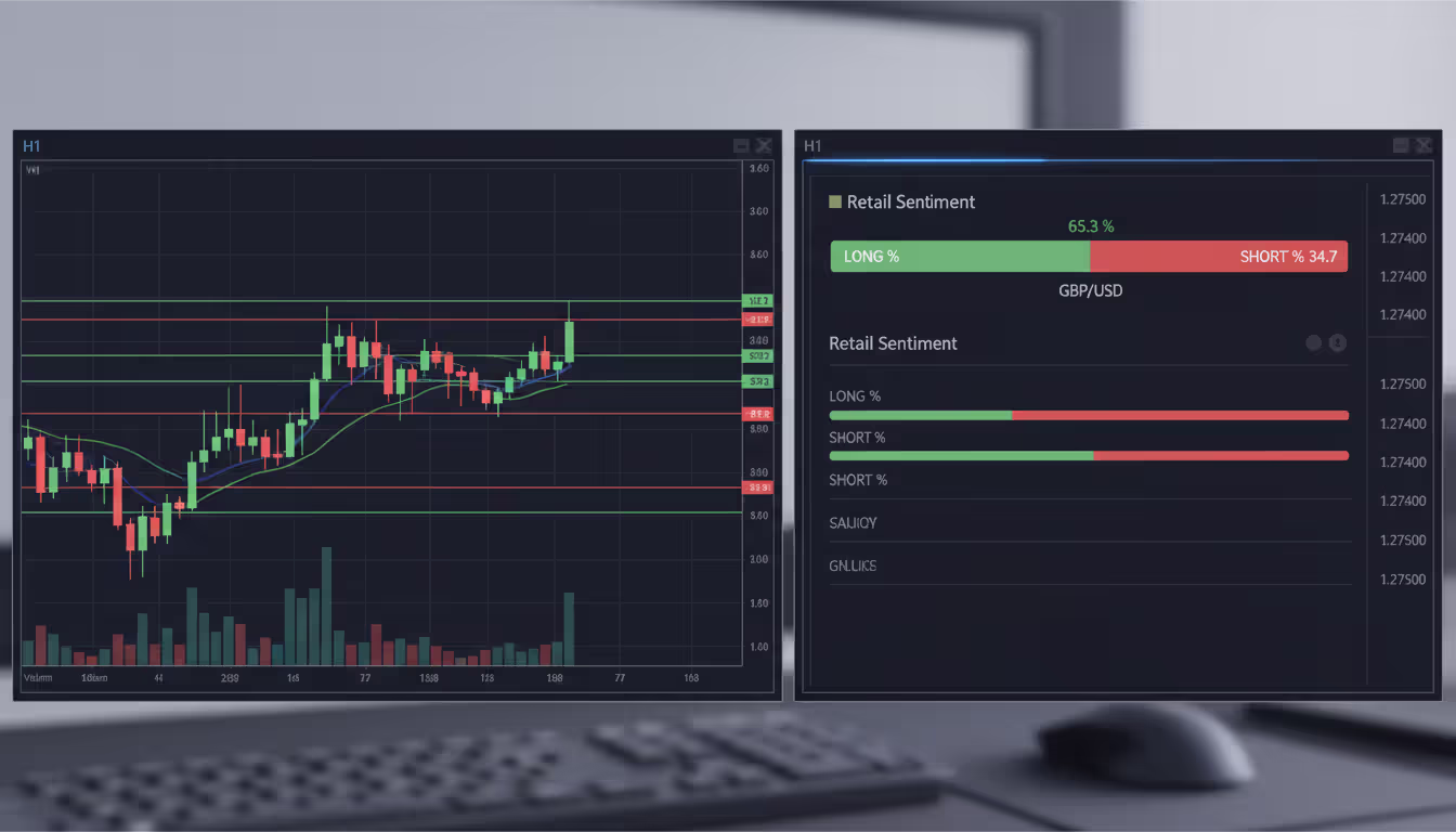Trader workstation screen showing GBP USD candlestick chart with support resistance levels and sentiment indicator panel displaying long short ratio
