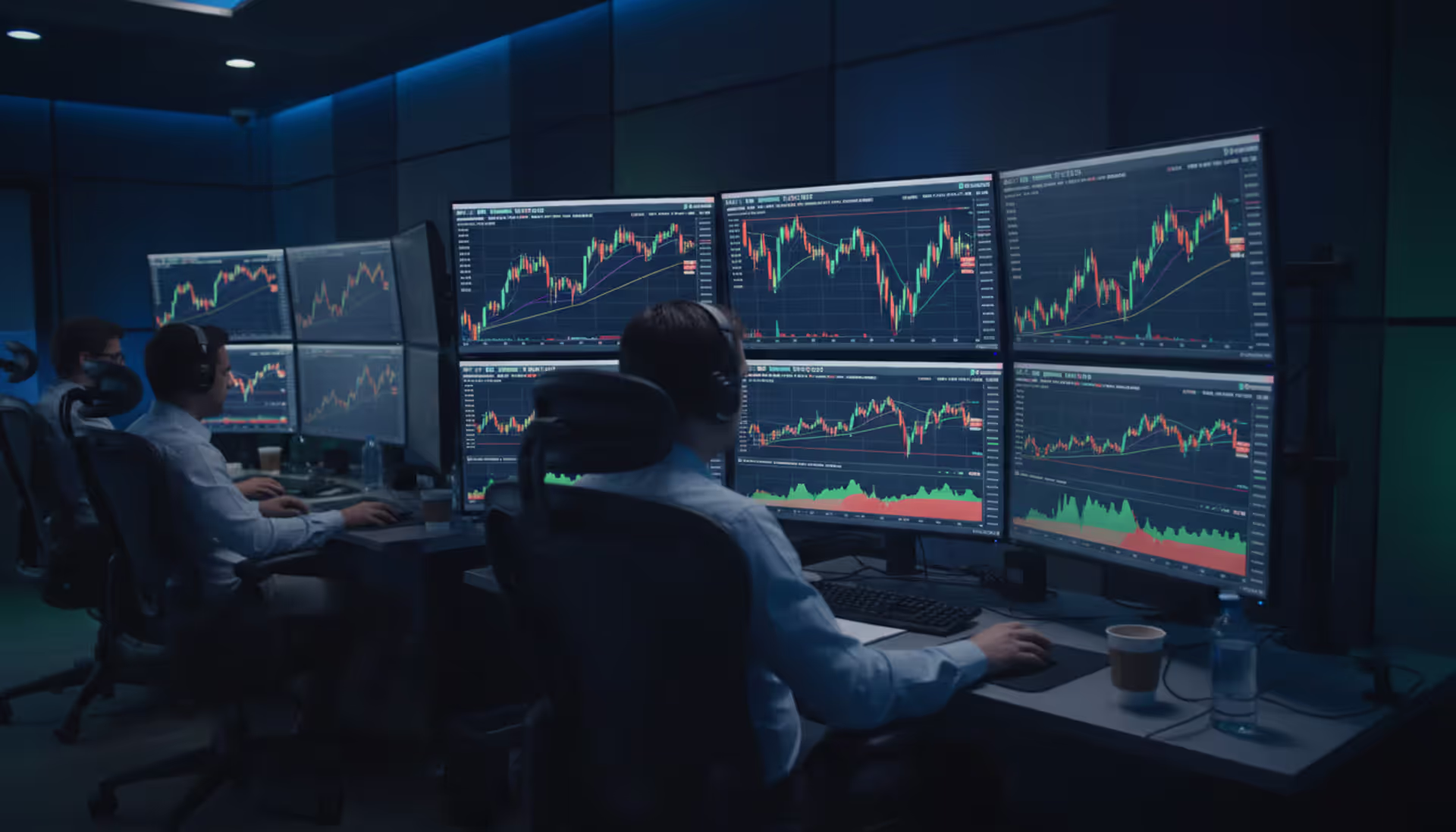 Professional forex trading floor with multiple traders watching currency charts and sentiment indicators on large screens