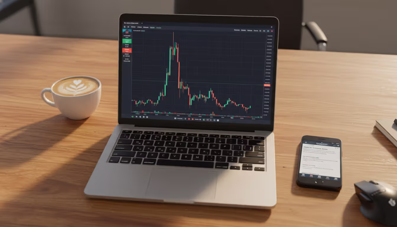 Top view of trader desk with laptop showing sharp forex price spike on chart and smartphone displaying financial news feed next to coffee cup