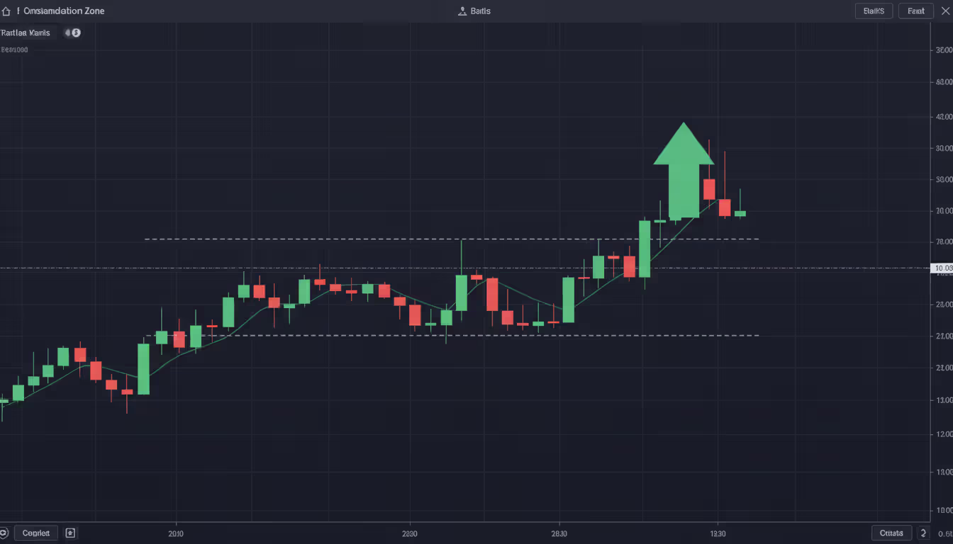 Candlestick chart showing breakout trading setup with consolidation zone horizontal channel and large bullish candle breaking above resistance level on dark trading platform background
