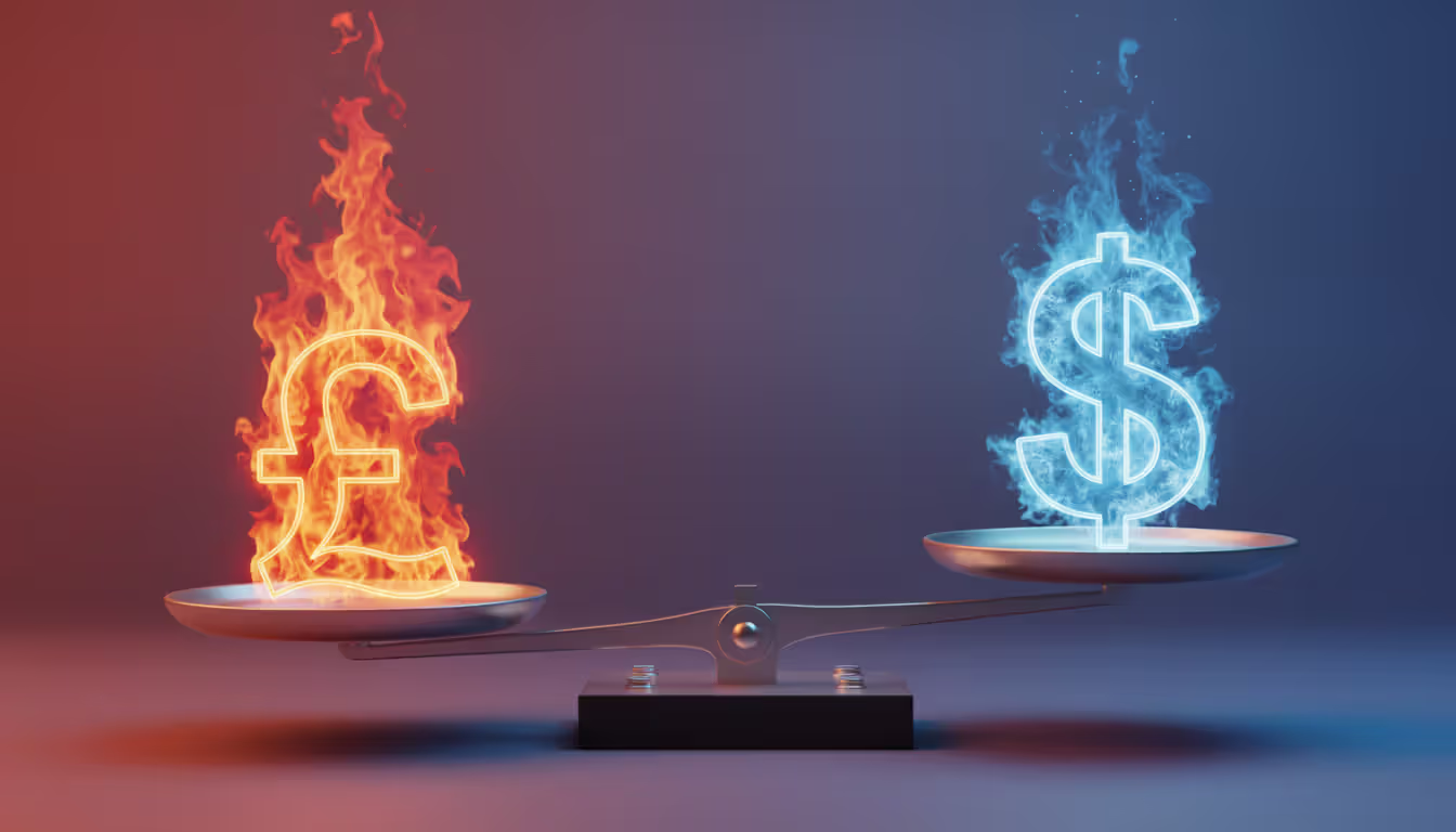 Balance scales with British pound symbol surrounded by warm flames on one side and US dollar symbol in cool blue tones on the other showing inflation differential