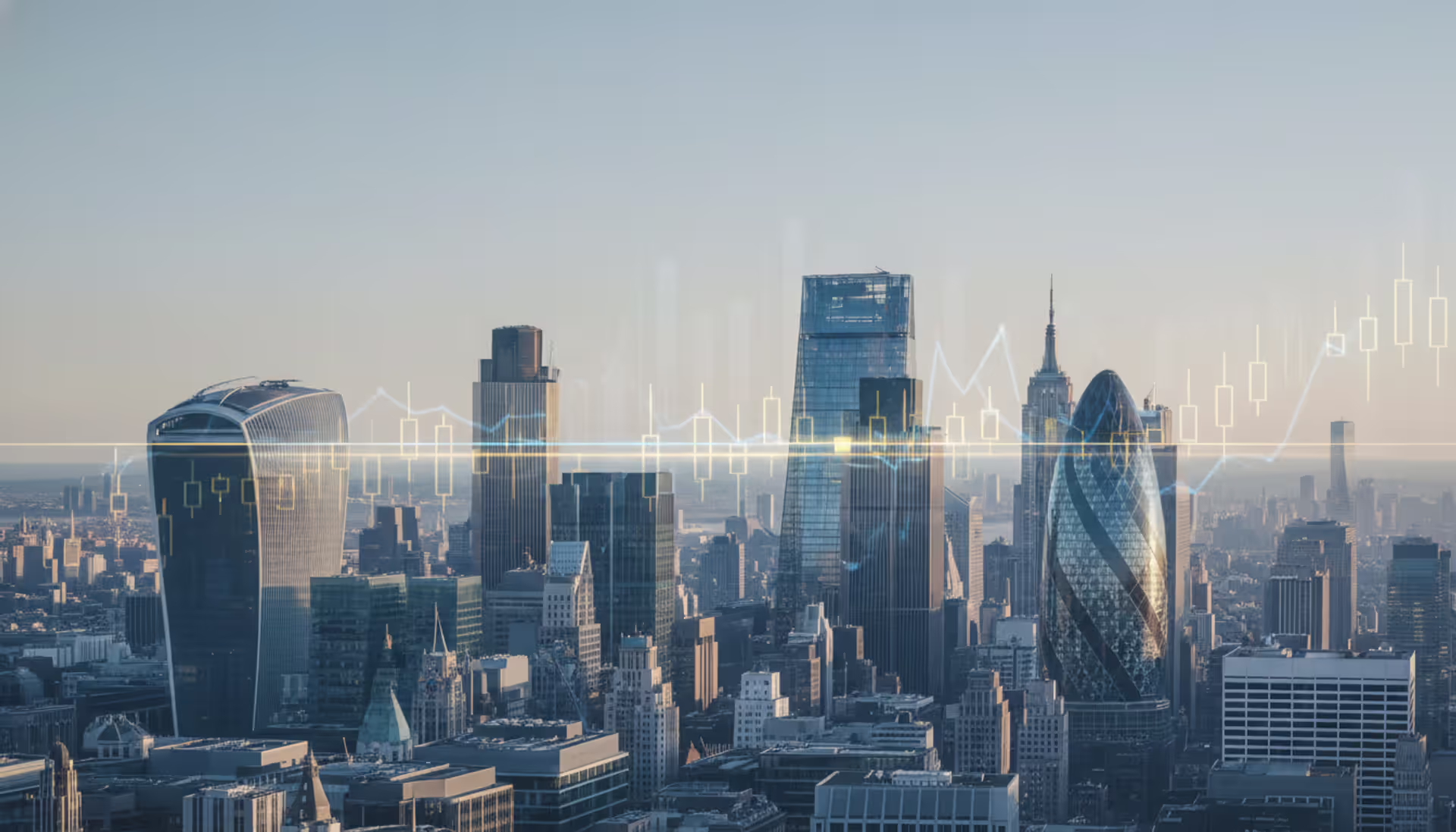 London and New York City financial skylines connected by a flat sideways forex chart line representing GBP USD exchange rate range-bound trading