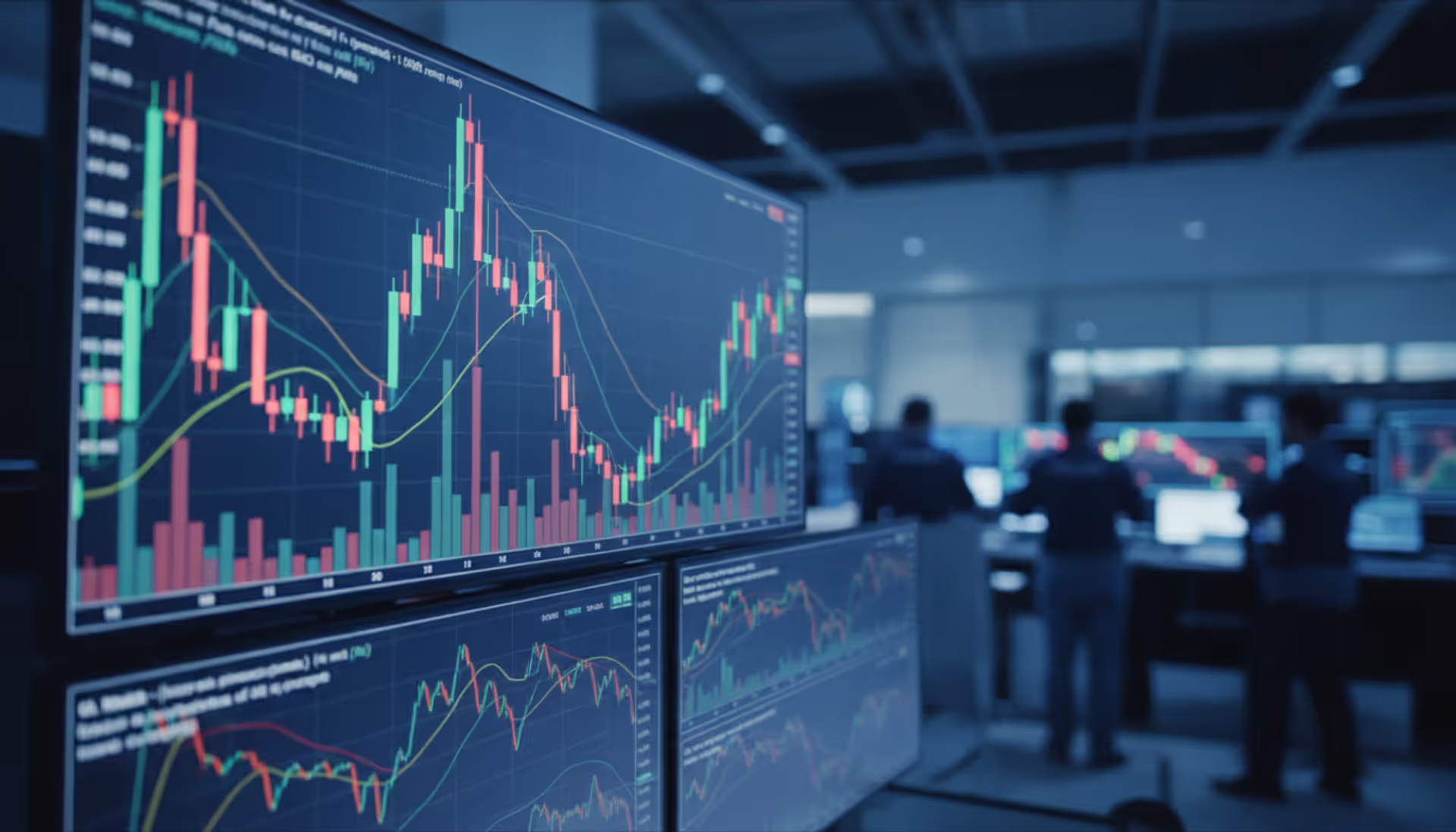 Trading floor with multiple monitors showing volatile forex candlestick charts with sharp price movements during a major economic data release