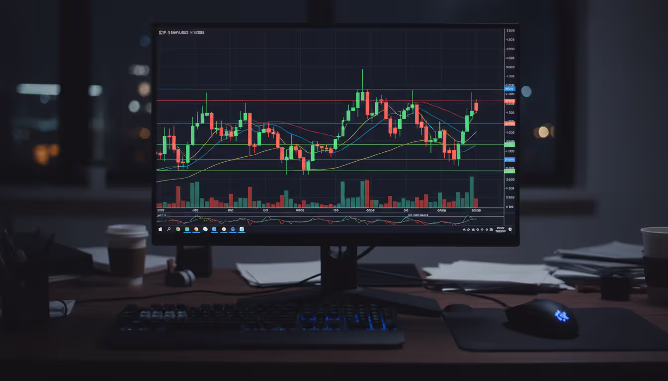 Trader monitor displaying a GBP/USD candlestick chart with support resistance lines and moving averages in a dark office setting