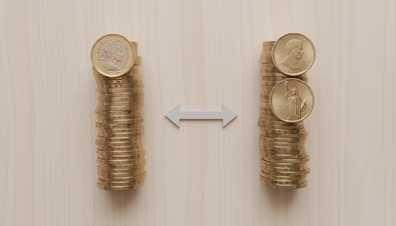 Top view of British pound coins and US dollar coins in two stacks on a wooden desk with a double arrow between them symbolizing exchange rate balance