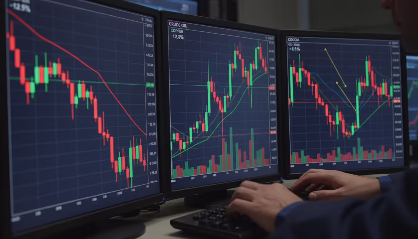 Close-up of trading screens displaying volatile commodity price charts for oil copper and cocoa with sharp price movements