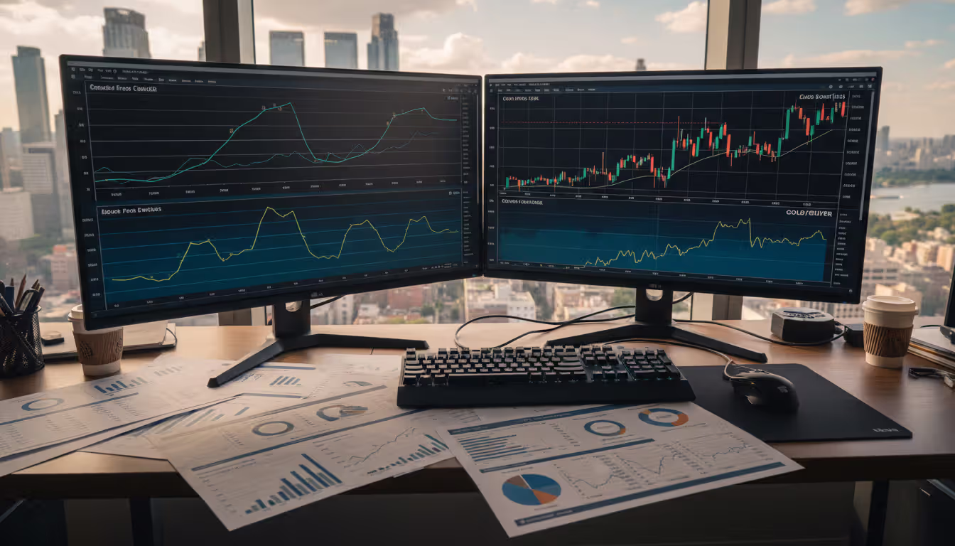 Risk manager workstation with dual monitors showing currency pair charts and commodity futures alongside printed reports in a modern office