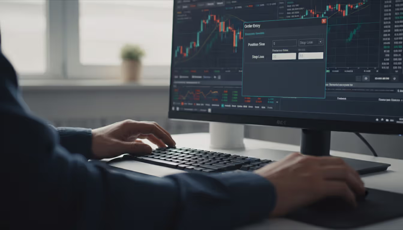 Close-up of trader hands at keyboard and mouse with trading platform order entry window showing position size and stop-loss fields on screen
