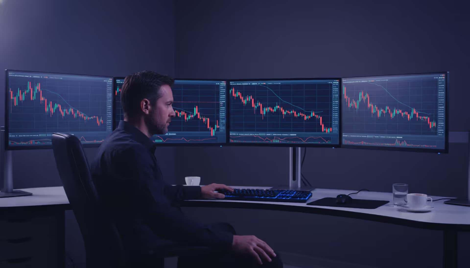 Professional trader analyzing declining equity curves on multiple monitors in a dark office with blue lighting