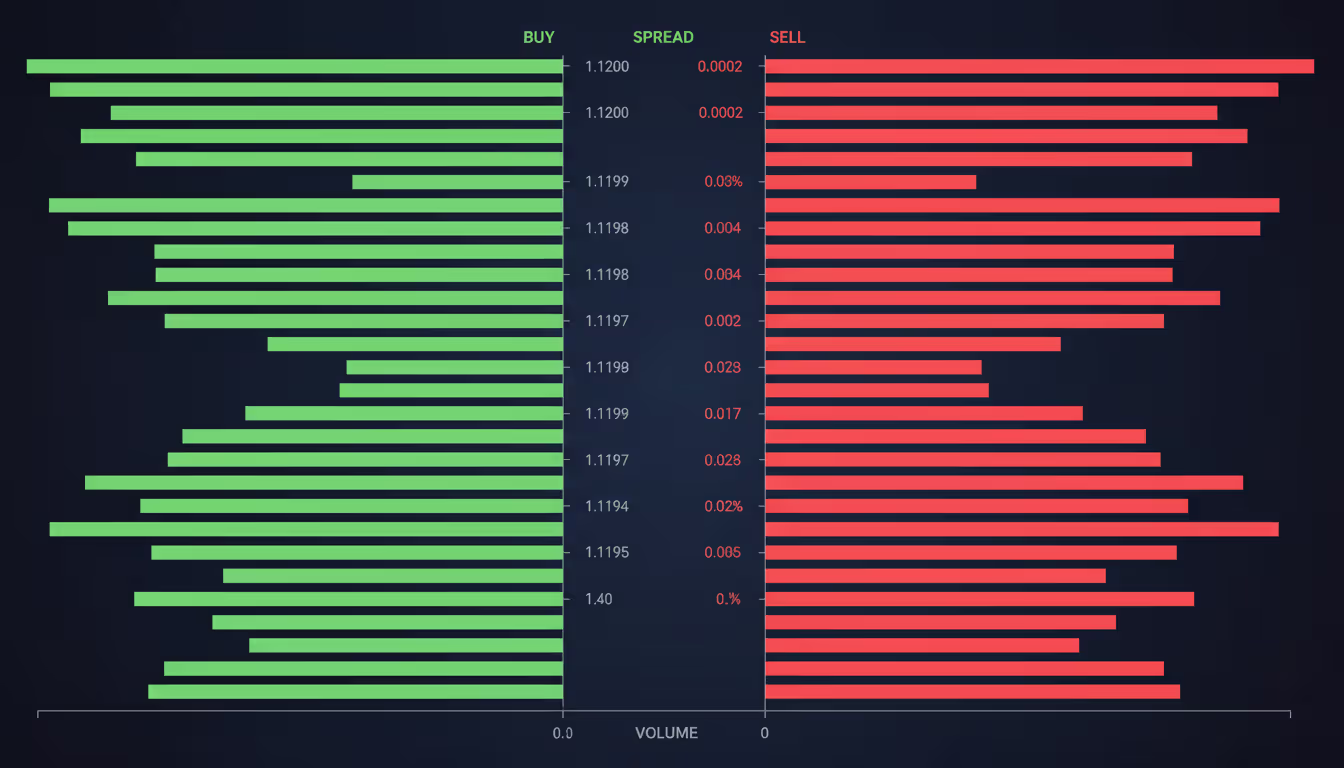 Forex market depth visualization showing order book with bid and ask volume bars and a visible liquidity gap in the middle