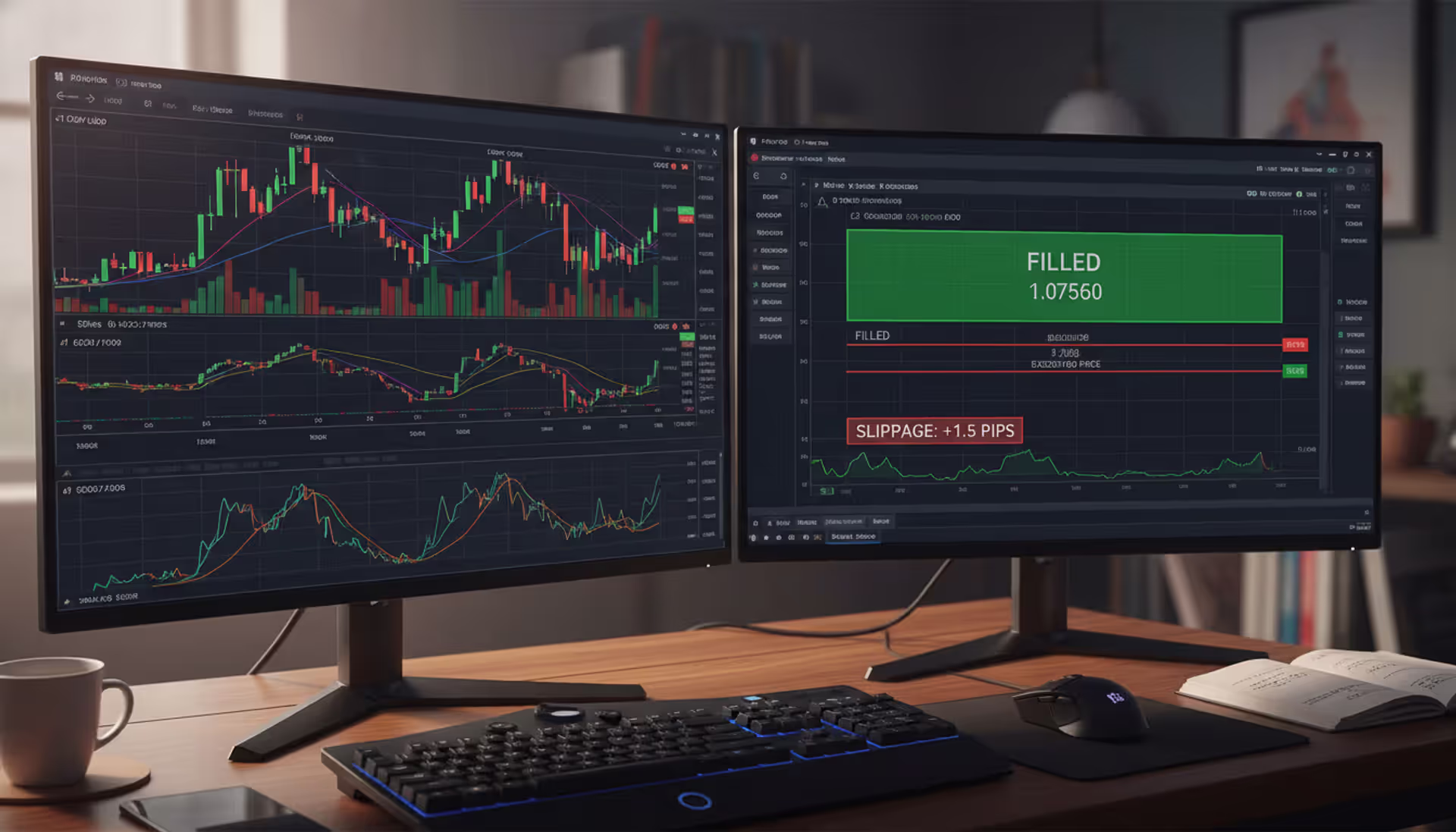 Forex trader workstation with two monitors showing currency pair charts and an order execution screen illustrating price slippage