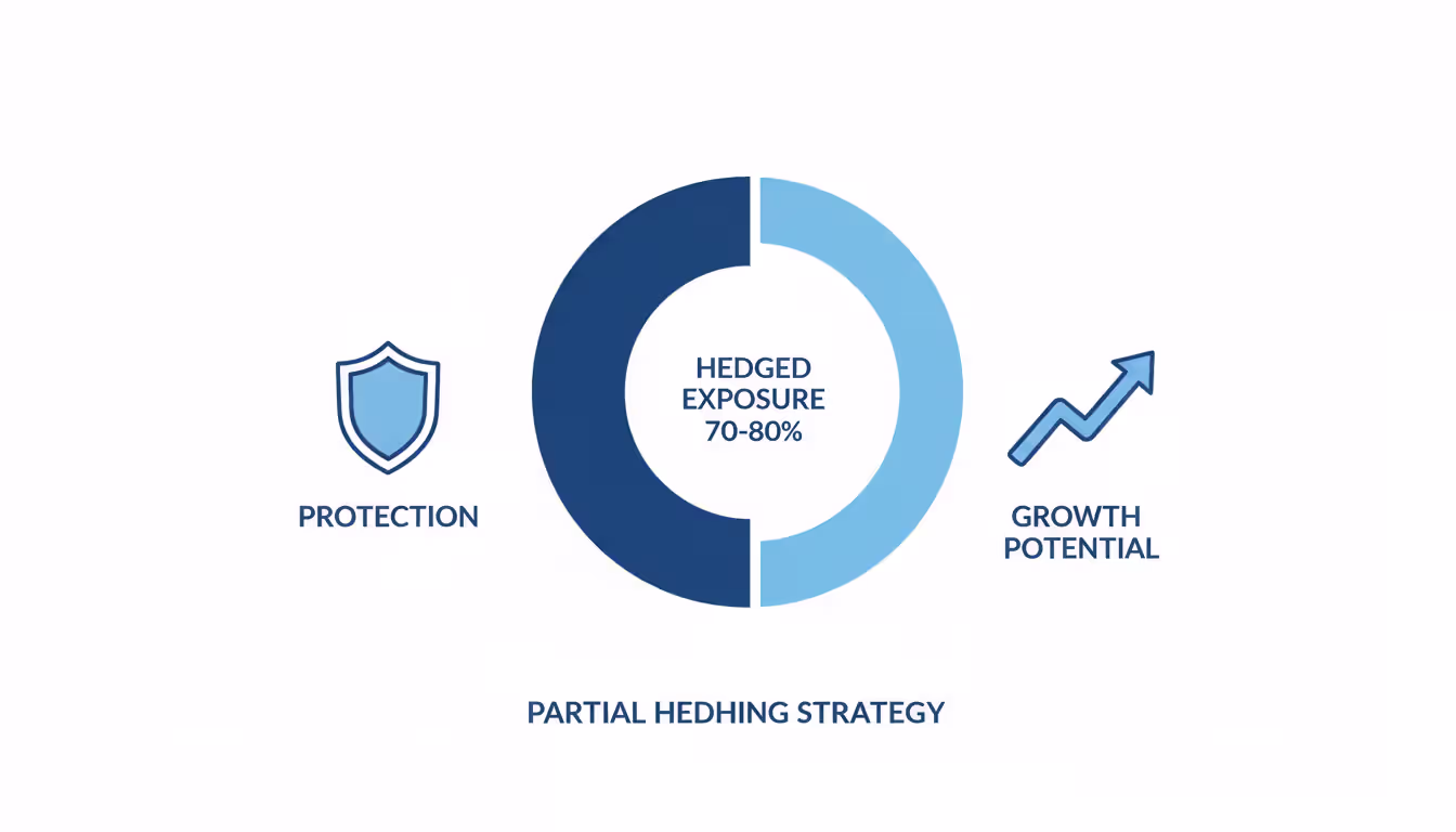 Visual diagram showing partial hedging strategy with 70-80 percent hedged and 20-30 percent unhedged exposure using shield and growth arrow icons in corporate blue and white style