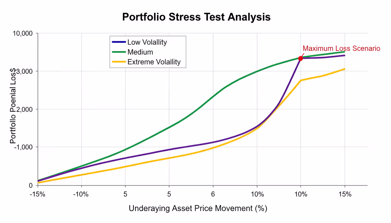 Portfolio stress test visualization showing potential losses across price movement scenarios from minus 15 to plus 15 percent with volatility curves