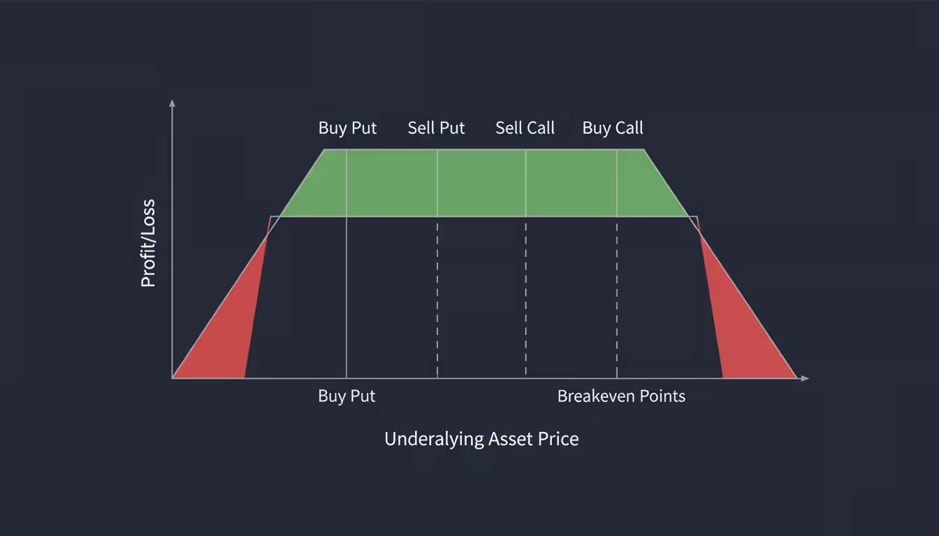 Iron condor options strategy profit and loss diagram showing four strike prices with maximum profit zone in green and maximum loss zones in red on dark background