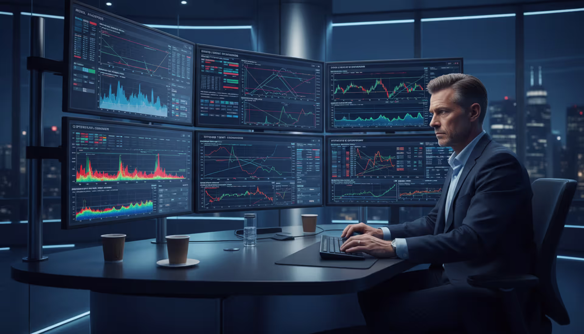 Professional trader analyzing portfolio margin risk scenarios on multiple monitors with options P&L charts and stress test data in a modern trading office