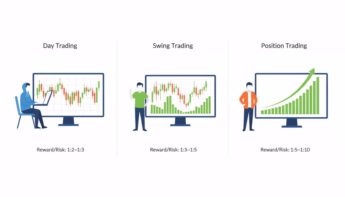 Infographic comparing day trading, swing trading, and position trading with their typical risk-reward ratios