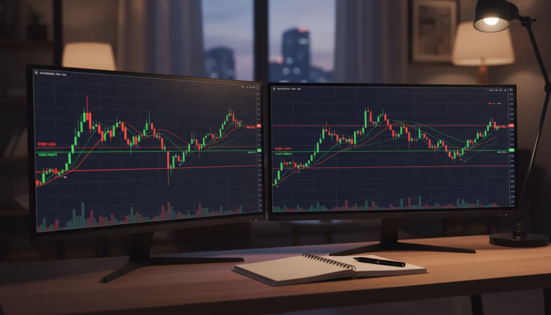 Trader workspace with two monitors displaying candlestick charts with stop-loss and take-profit levels marked