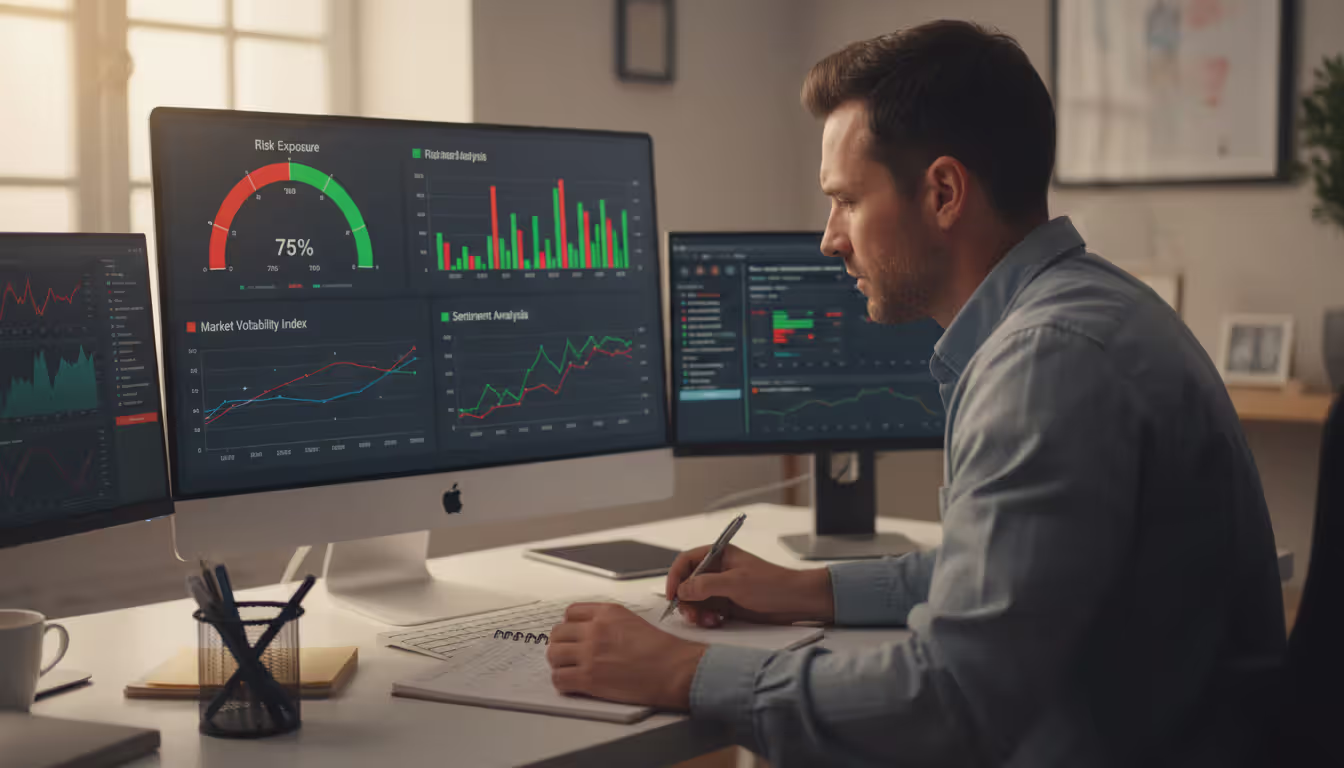 Focused trader sitting at desk looking at monitor screen with multiple risk indicator dashboard panels including gauge meter and sentiment bar chart in a softly lit office