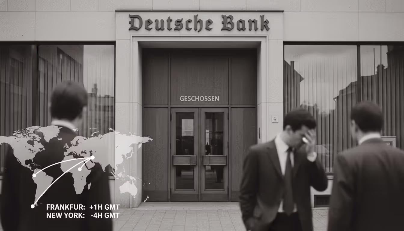 Vintage-style image of a 1970s German bank building with closed doors and a world map overlay showing the Frankfurt to New York time zone gap, representing the Herstatt Bank collapse