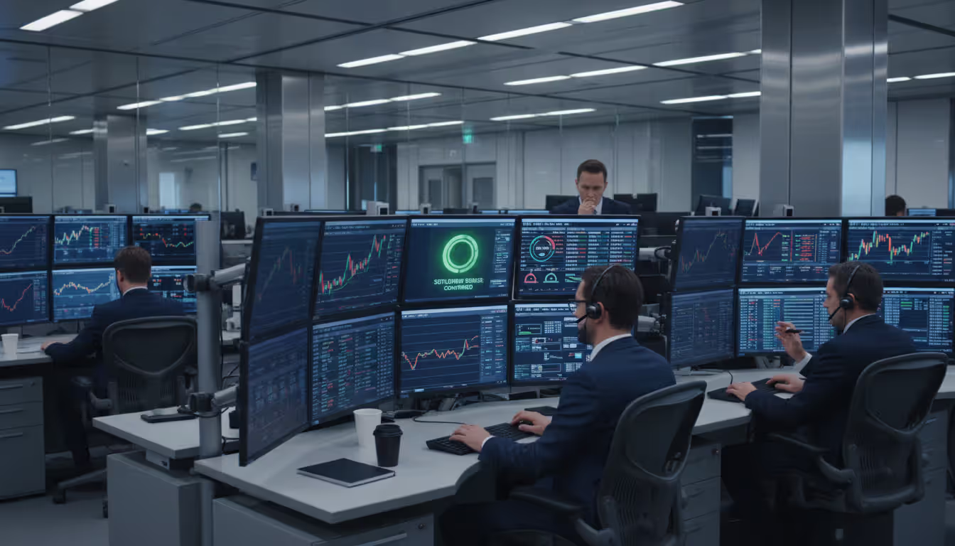 Modern bank dealing room with professionals monitoring real-time settlement risk dashboards and currency pair screens on large displays