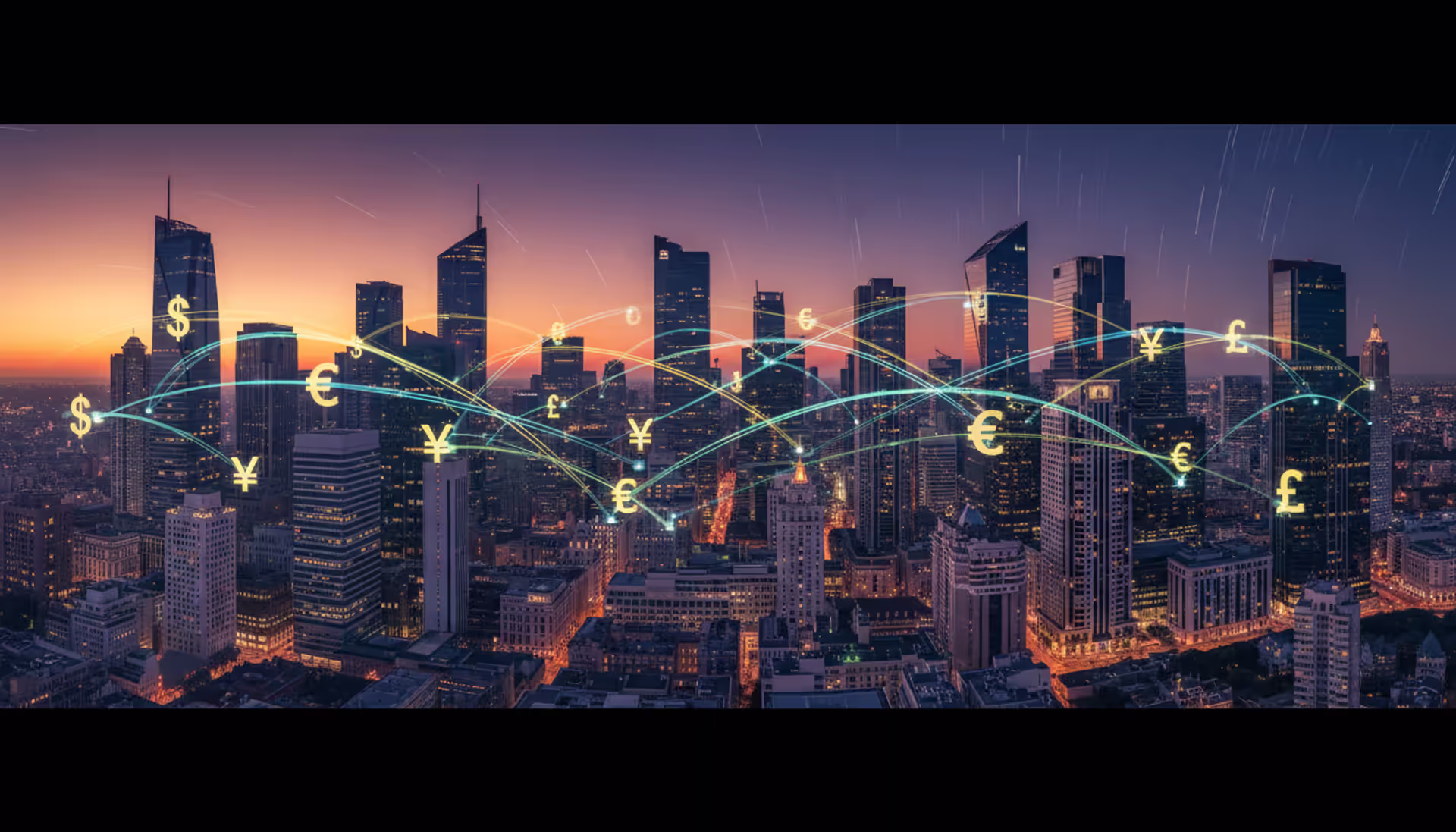 Panoramic view of a global financial district with glowing digital currency streams flowing between bank skyscrapers at dusk, symbolizing cross-border settlement flows