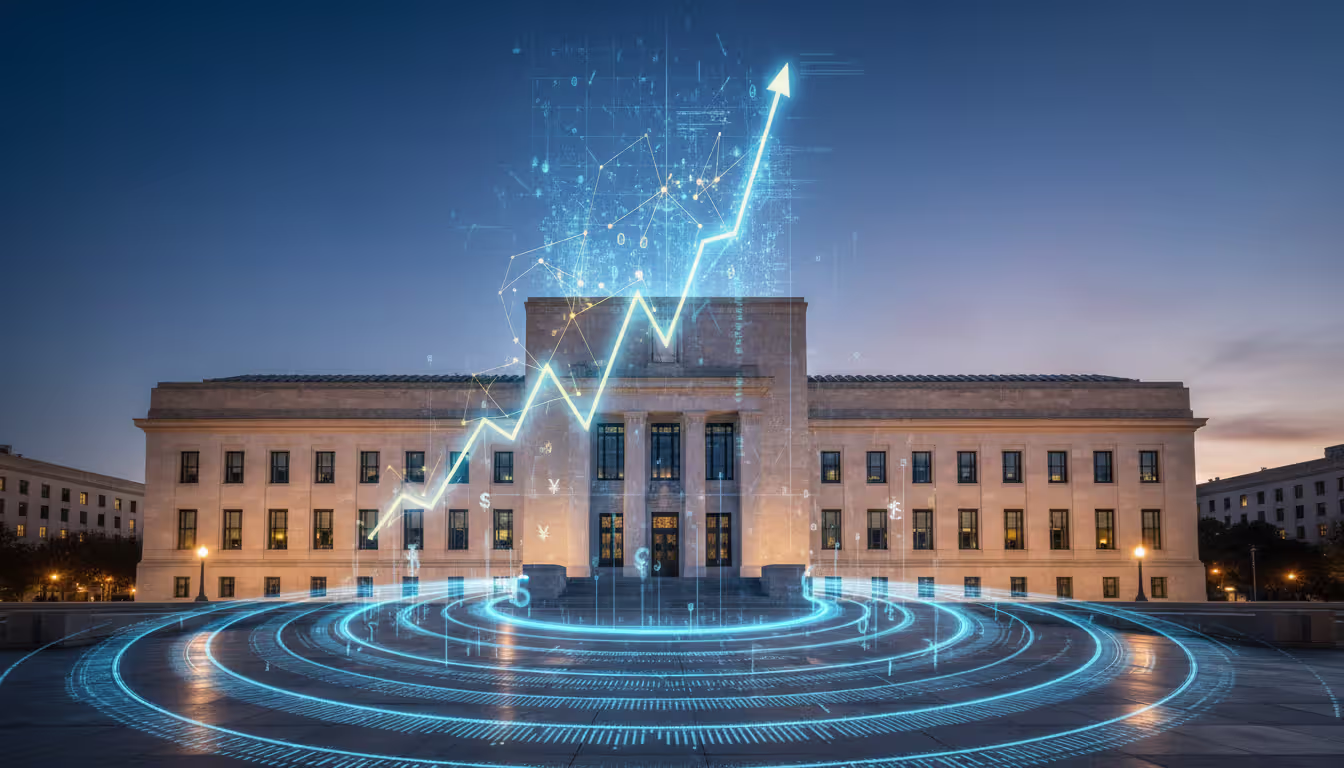 Federal Reserve building in Washington DC with digital interest rate chart overlay and symbolic waves spreading outward representing monetary policy impact