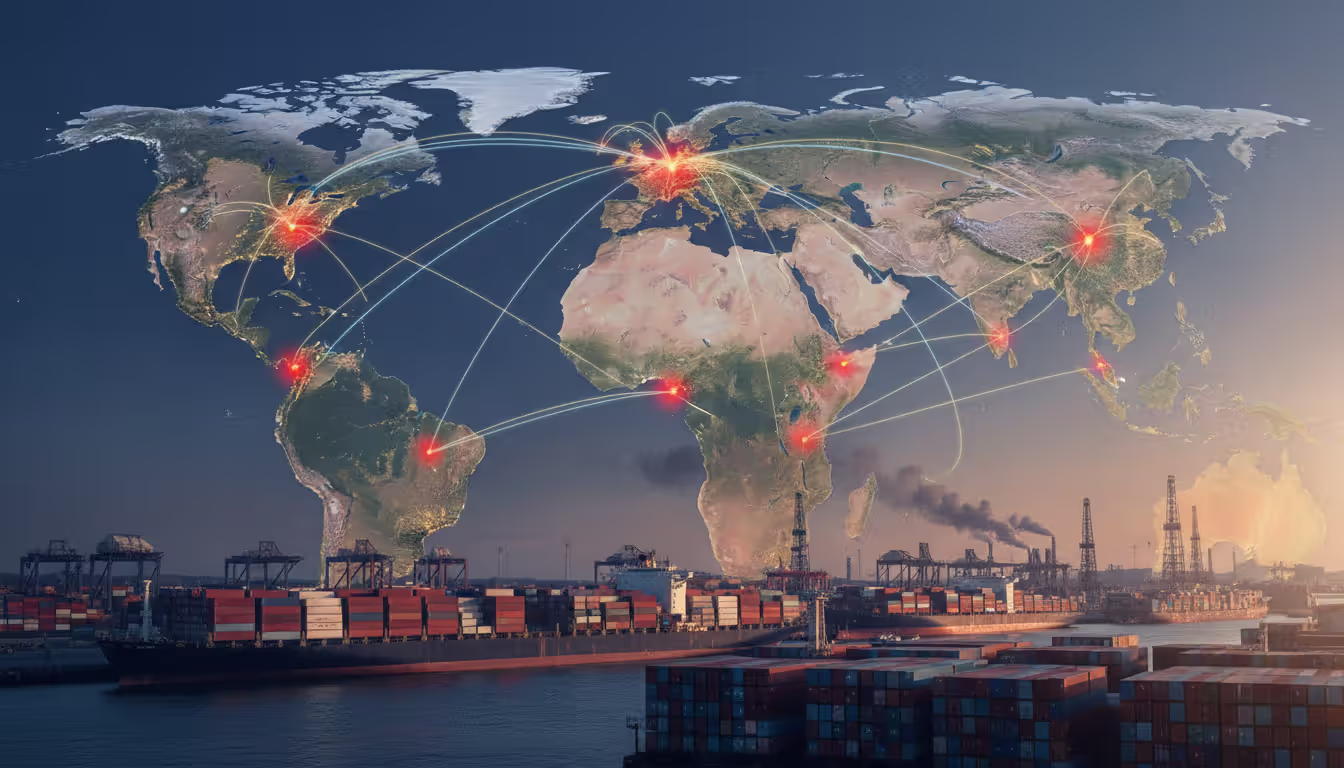 Illuminated globe showing global trade routes and financial connections with red disruption points alongside container ships and oil rigs on horizon