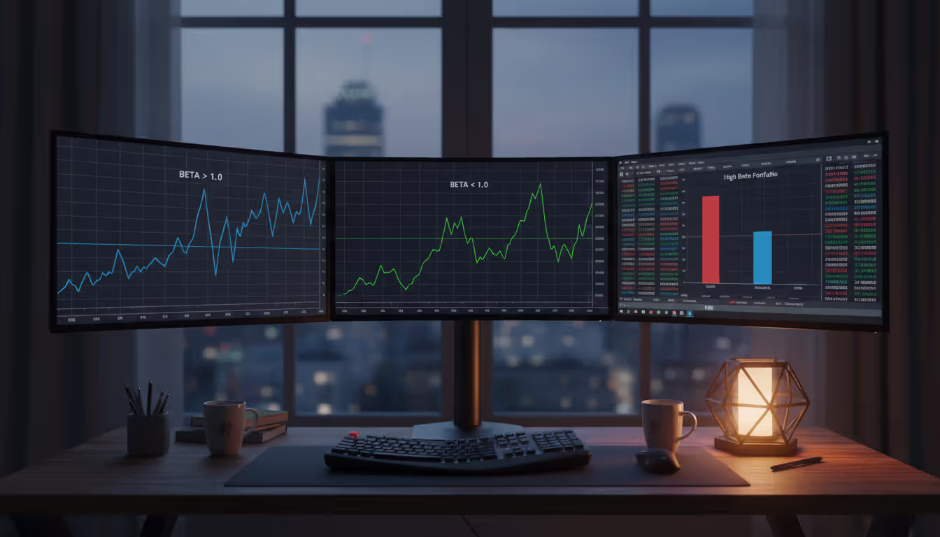 Professional trader workspace with multiple monitors displaying beta coefficient charts comparing high-beta volatile stocks and low-beta stable stocks against market index