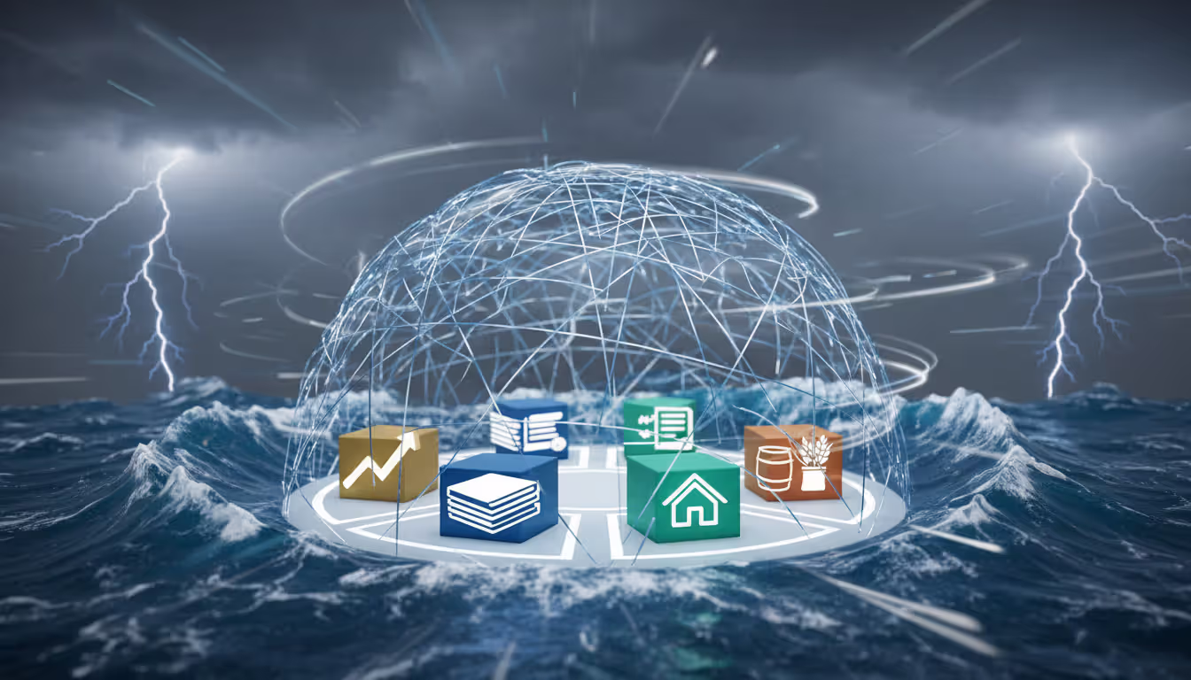 Protective dome shielding diversified asset class blocks including stocks bonds real estate and commodities from surrounding market storm with lightning and waves