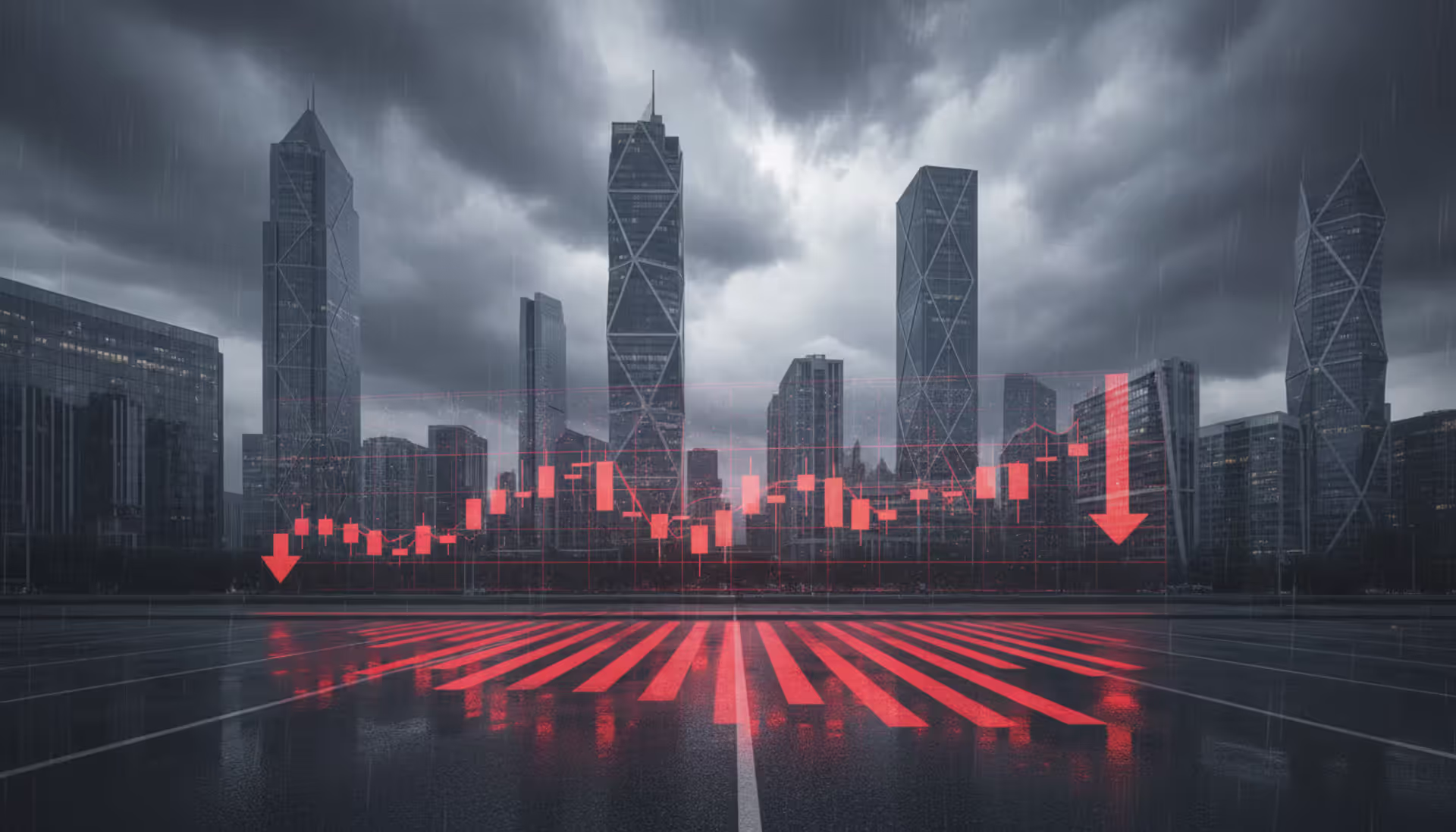 Stormy sky over modern financial district skyline with digital stock market screens showing red declining charts reflected on wet pavement