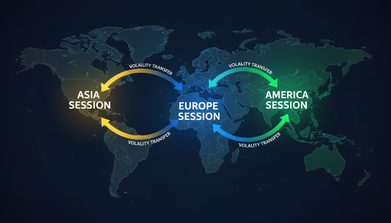World map showing three major forex trading sessions Asia Europe America connected by arrows illustrating cross-session volatility transmission