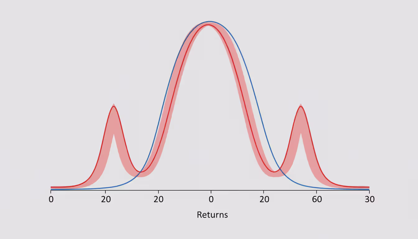 Comparison of normal distribution curve and fat-tailed distribution curve showing higher probability of extreme returns in real financial markets