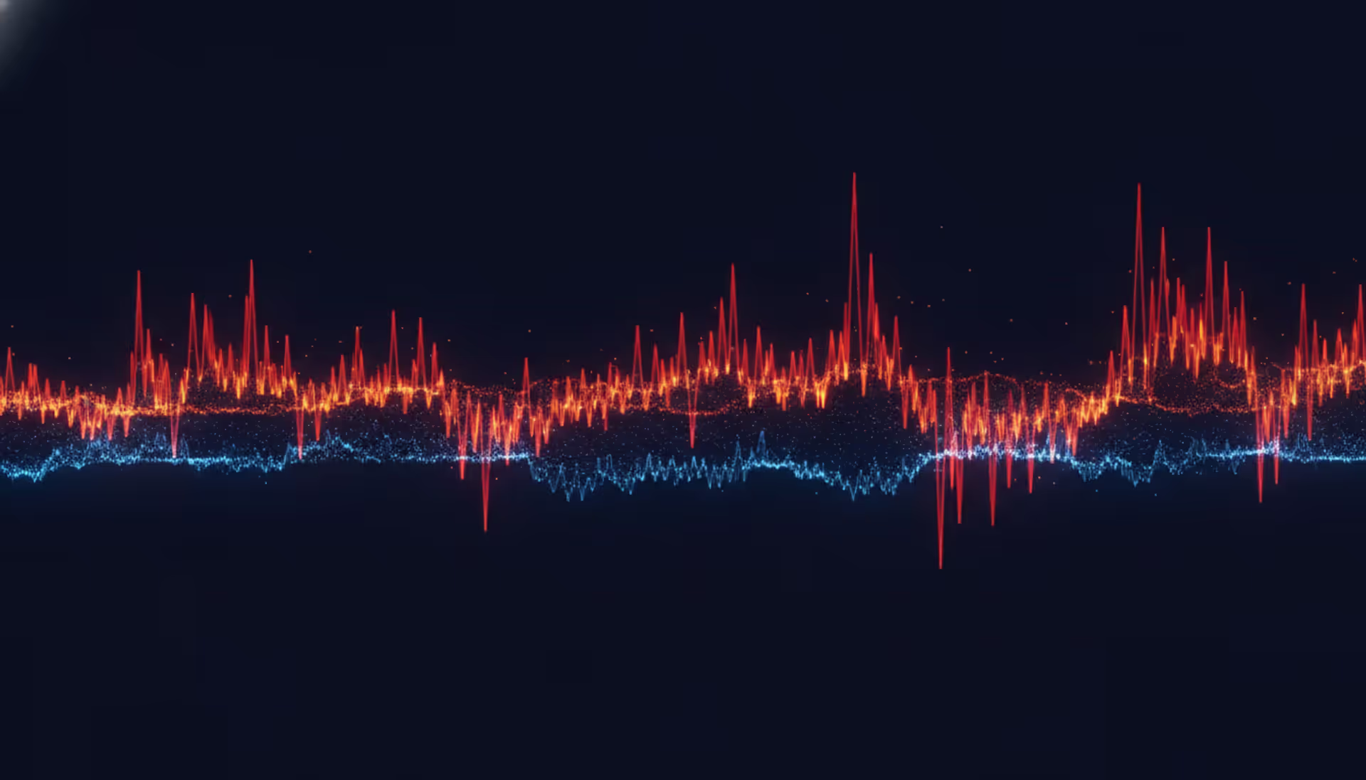 Abstract financial chart showing alternating periods of low and high volatility waves in blue and red-orange colors on dark background illustrating volatility clustering concept