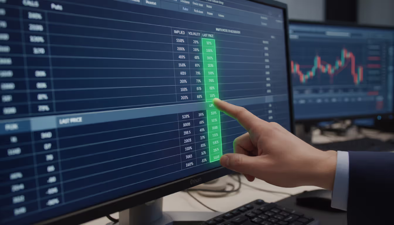Close-up of options trading terminal screen displaying option chain with implied volatility columns and a trader hand pointing at the data