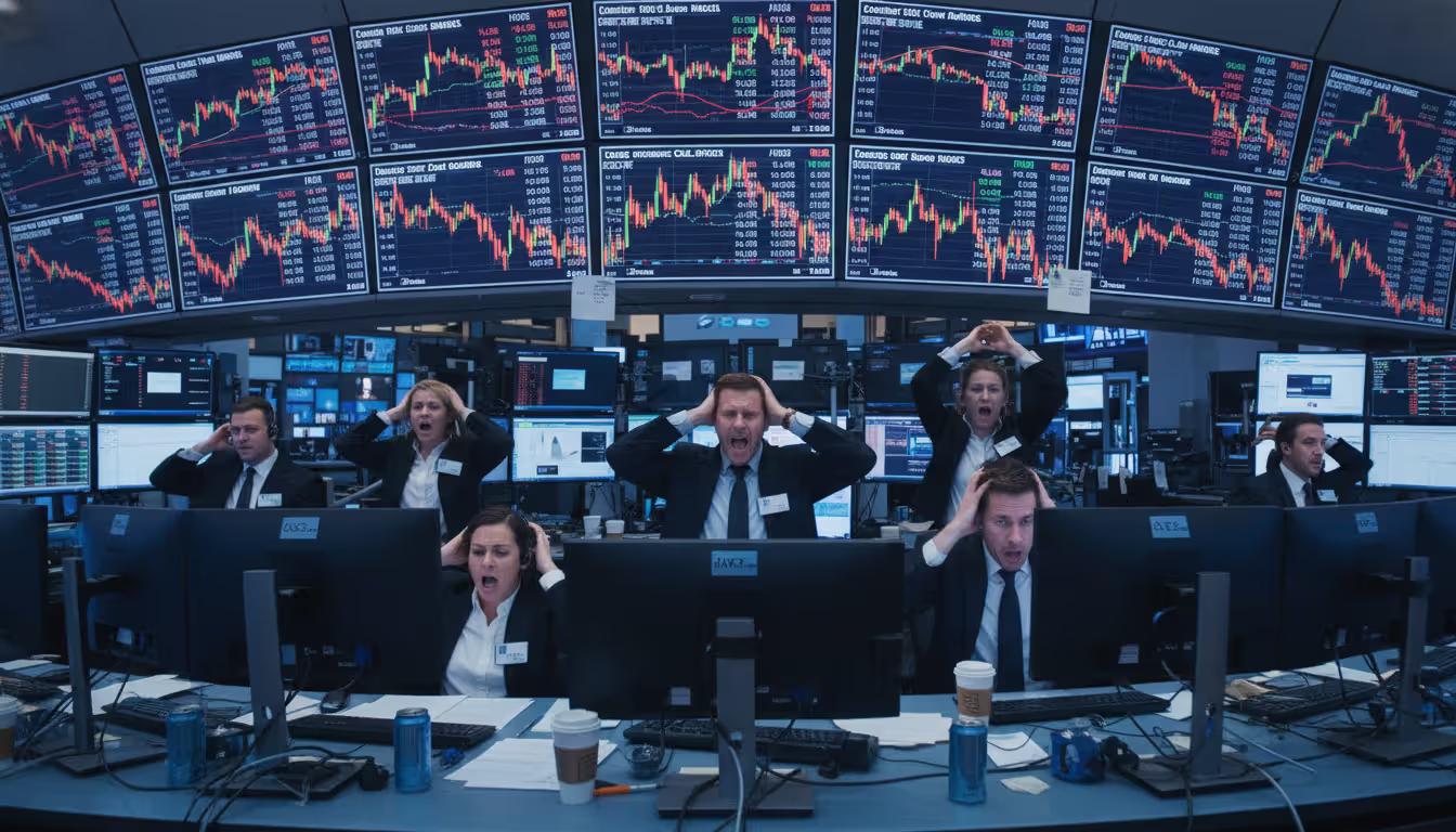 Tense stock exchange trading floor during a market crash with stressed traders watching large wall screens showing sharp red candlestick declines