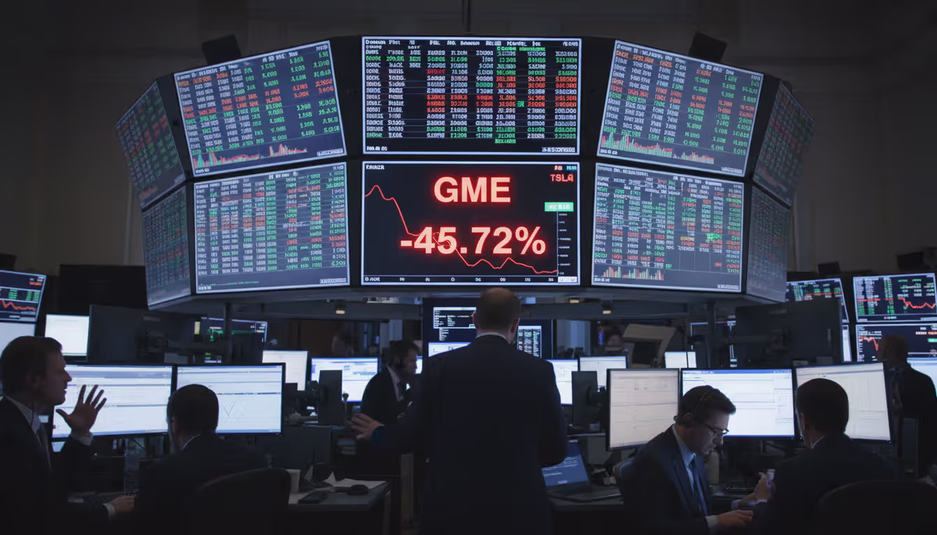 Trading screen display showing multiple stock tickers with one highlighted in red showing sharp decline while others remain green or neutral