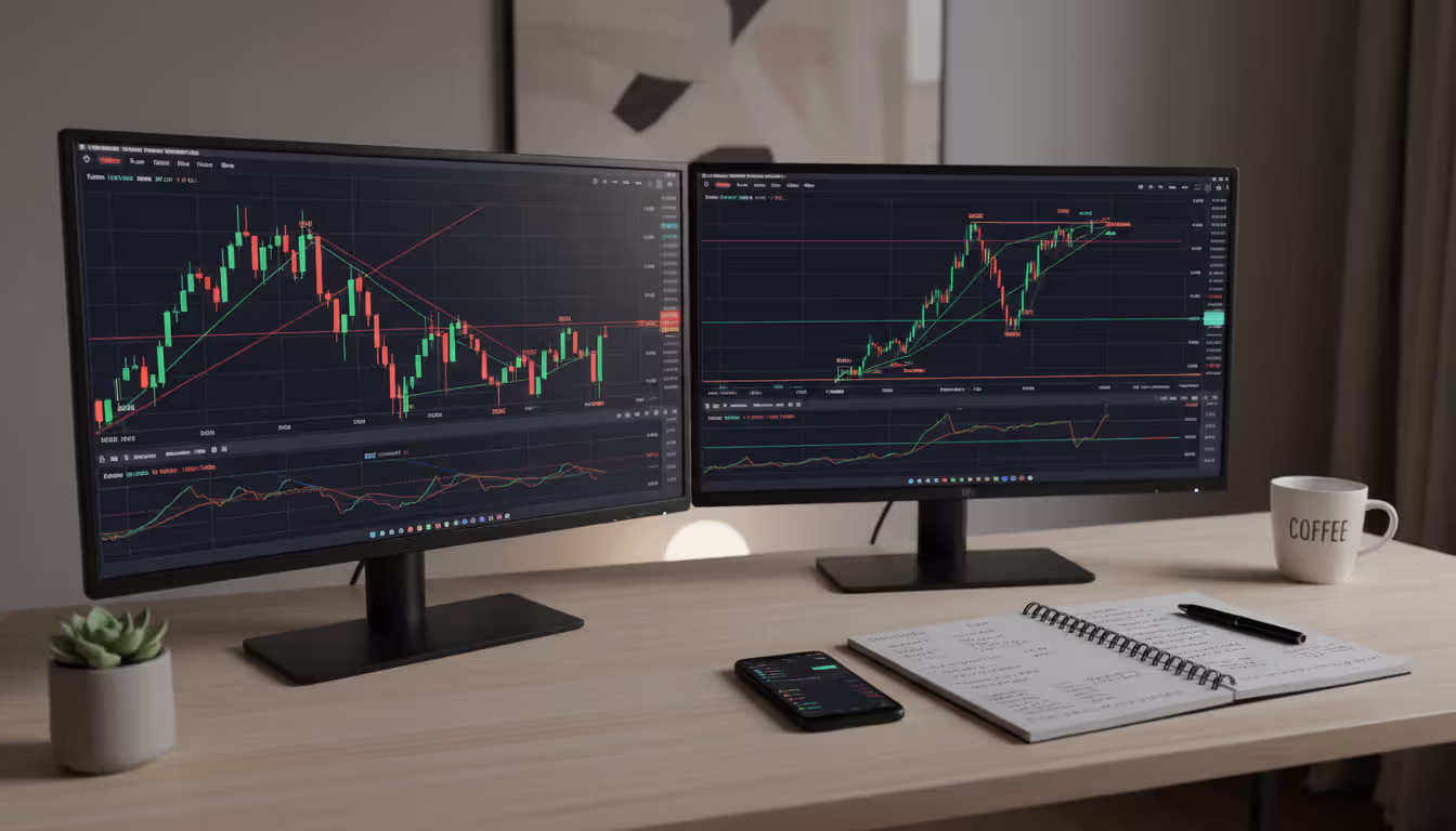 Forex trader workspace with dual monitors displaying different currency pair charts, smartphone with trading app and notebook on modern desk