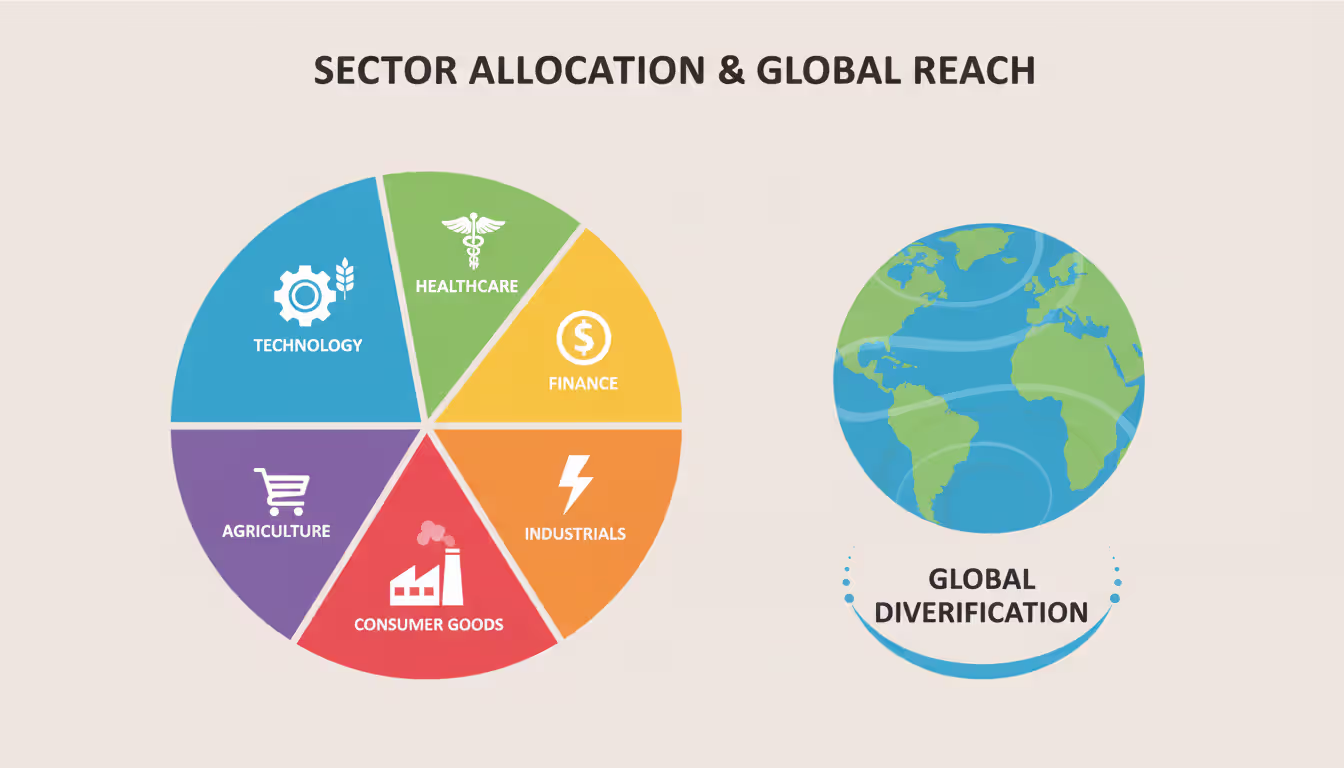 Colorful pie chart infographic showing portfolio diversification across multiple sectors with industry icons and a globe representing geographic allocation