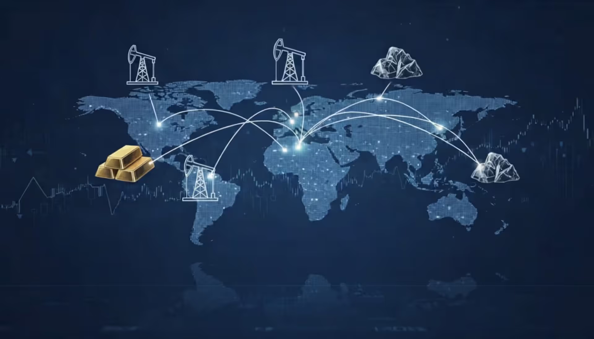 Global map highlighting commodity currency countries Australia Canada Norway Russia with natural resource icons and currency symbols on dark blue financial background