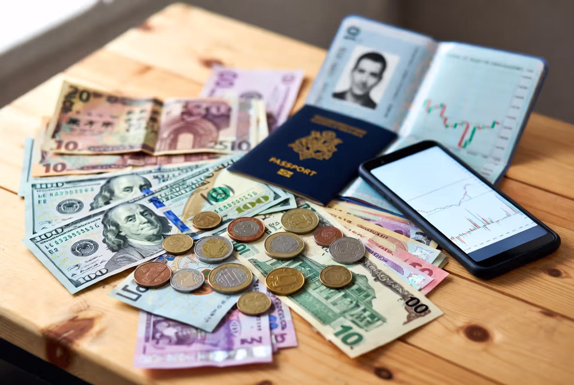 Top view of a wooden desk with international banknotes and coins including dollars euros pounds and yen next to an open passport and smartphone showing stock chart