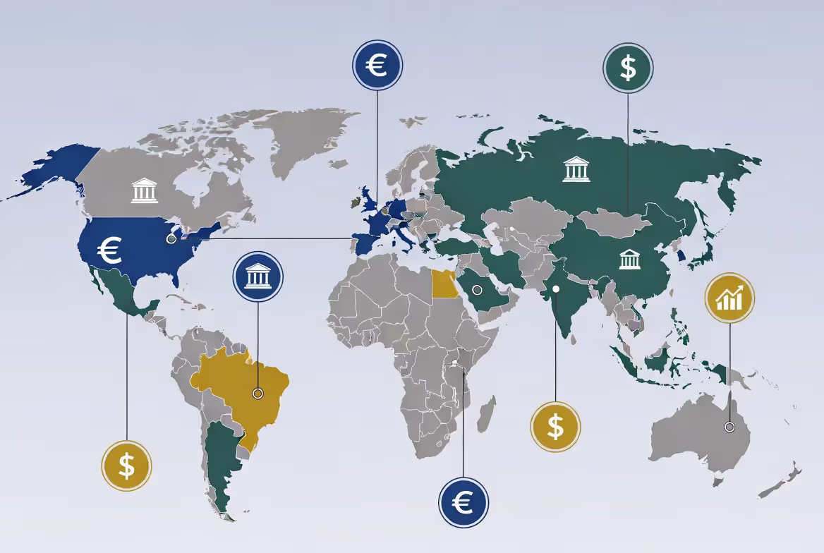 World map infographic showing global currency zones with different colors for eurozone, US dollar users, and independent currencies