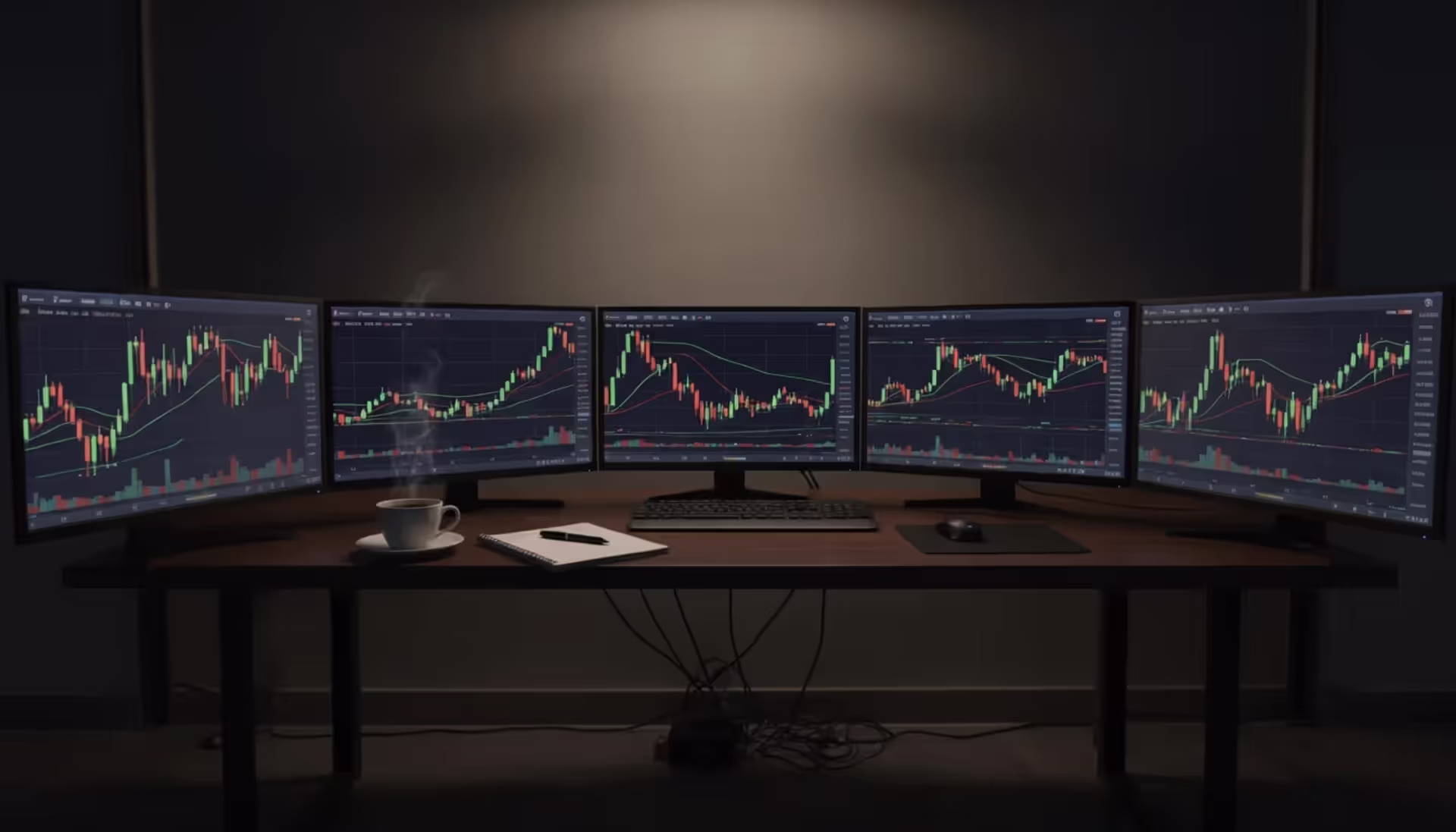Forex trader workspace with multiple monitors showing candlestick currency charts in a dimly lit home office