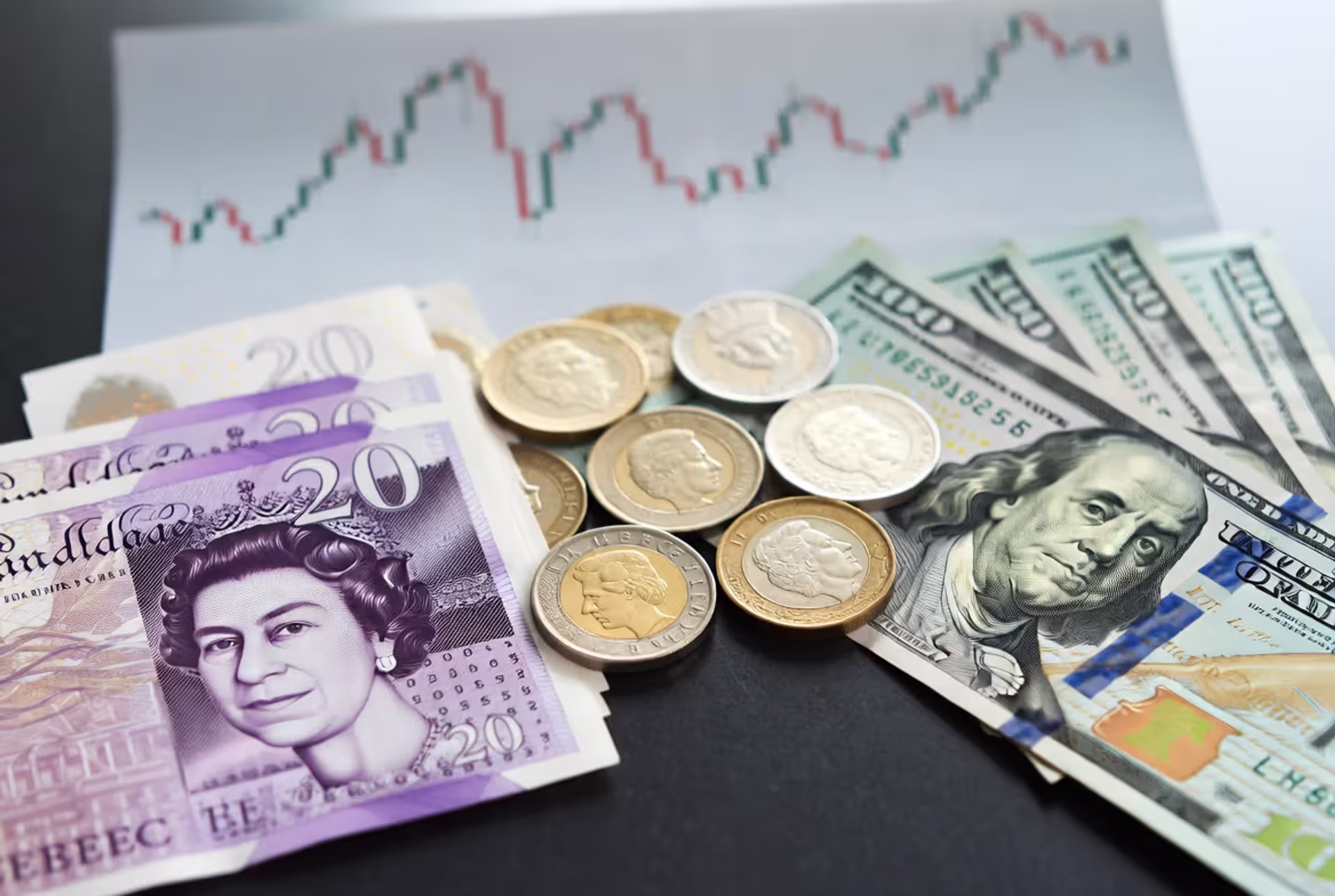 British pound banknotes and coins next to US dollar bills on a dark surface with a blurred exchange rate line chart in the background